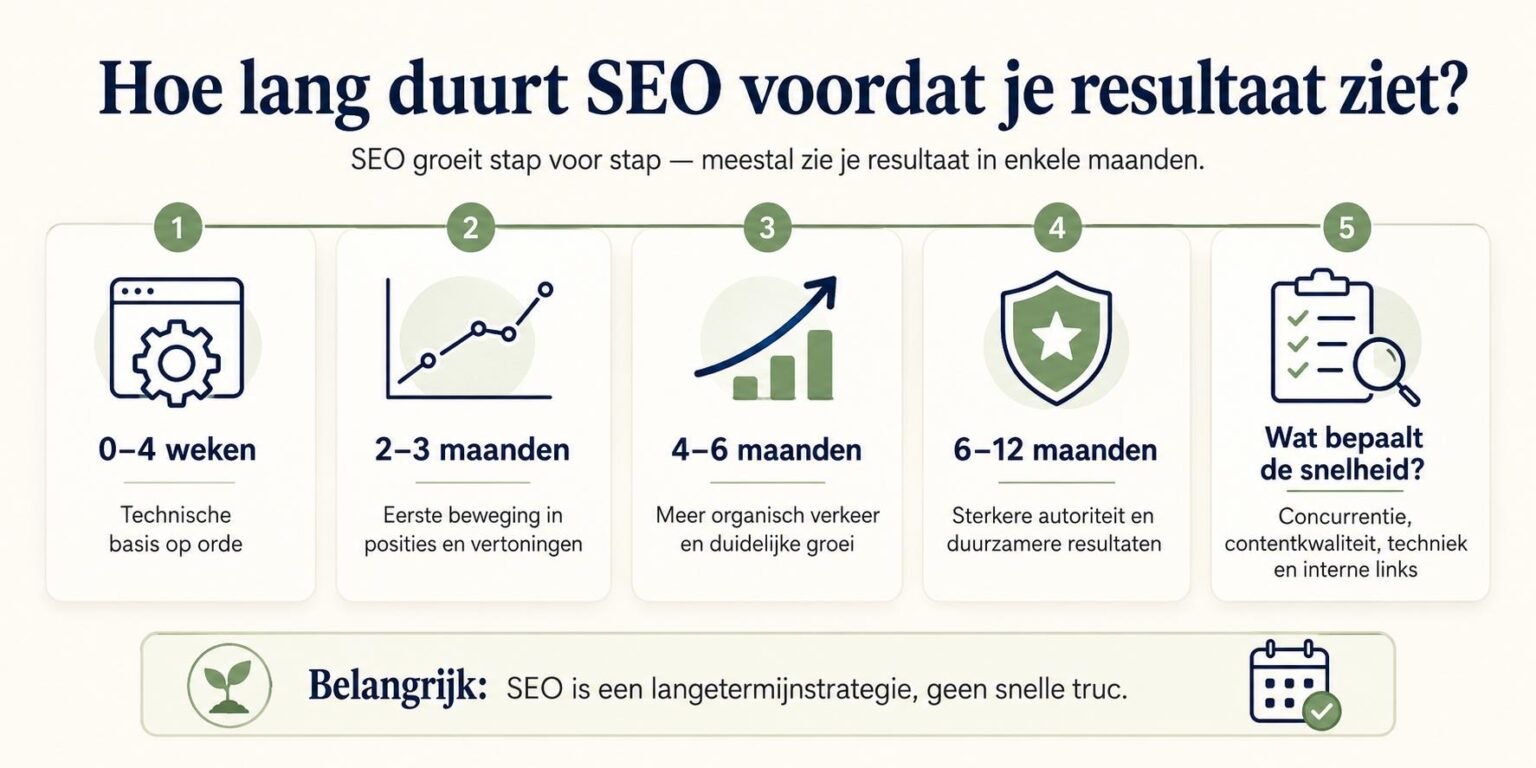 Infographic over hoe lang duurt SEO met fases van eerste weken tot 12 maanden groei